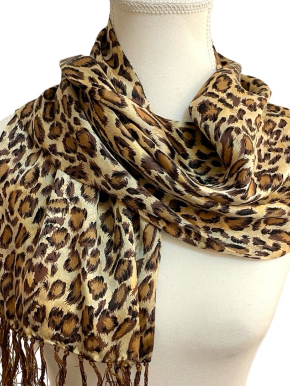 Leopard Print 100% Silk Fringe Scarf Soft Animal Print Brown Tan 10 x 43